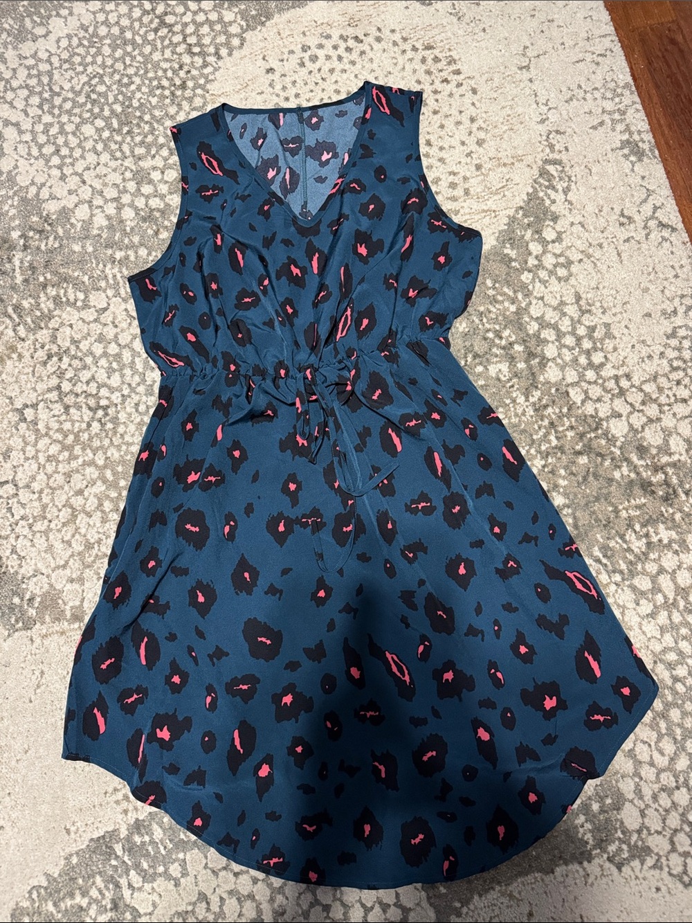 Women’s Teal Blue Sleeveless Drawstring Dress with Pink Leopard Print size 1XL